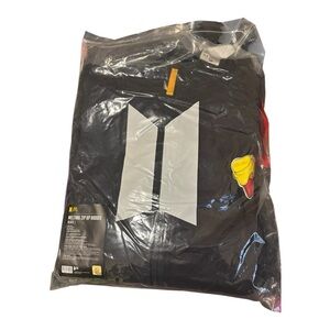 Black Zip-Up Hoodie with Large Silver Reflective BTS Logo and Yellow Heart Patch